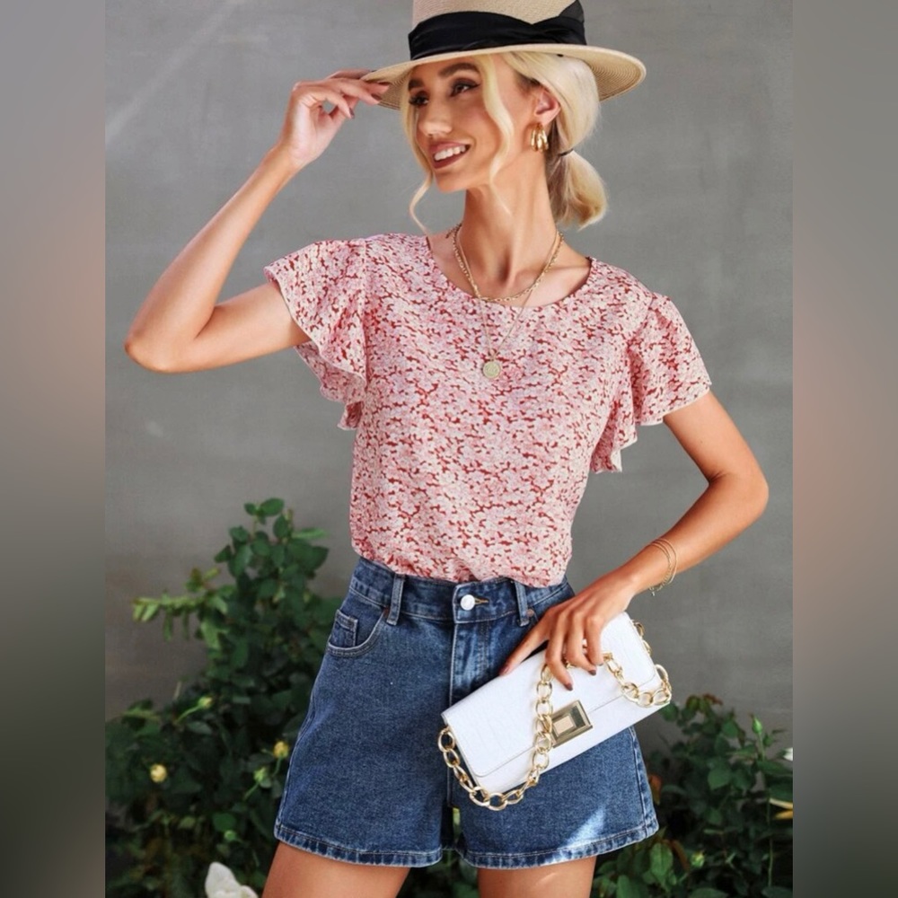 SHEIN pink floral butterfly sleeve blouse M